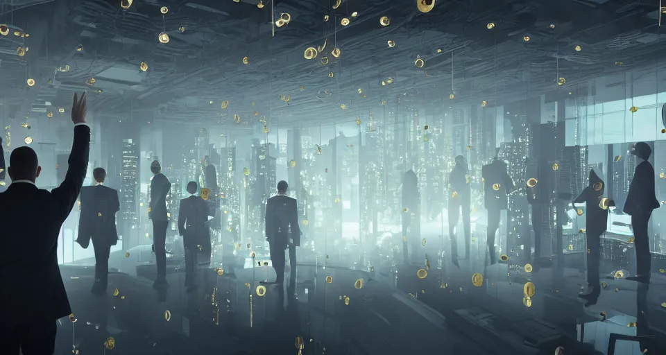 Image similar to Dramatic photo of a CEO waving to silhouettes of his coworkers in a futuristic office. Golden coins are levitating all around them. 8k, high detail, trending on Artstation, volumetric lighting, cyberpunk