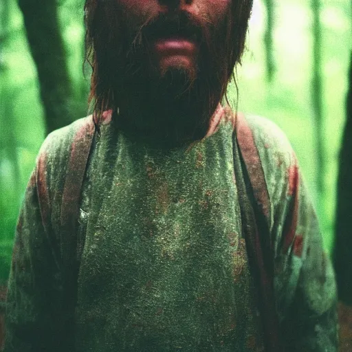 Image similar to close up kodak portra 4 0 0 photograph of a roman legimeer after the battle standing in dark forest, moody lighting, telephoto, 9 0 s vibe, blurry background, vaporwave colors, faded