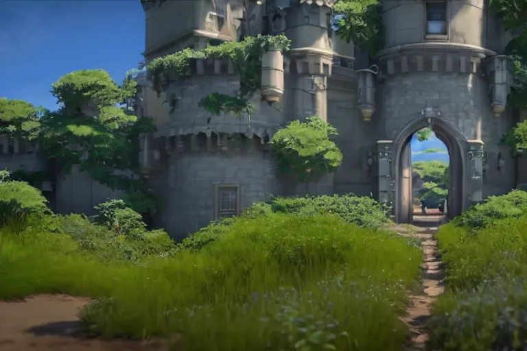 Image similar to game trailer of a semi realistic first person studio ghibli, pixar and disney animation, sharp, shooter game trailer on victorian castle, castle landscape, cinematic lighting, ray tracing, unreal engine 5, photorealistic