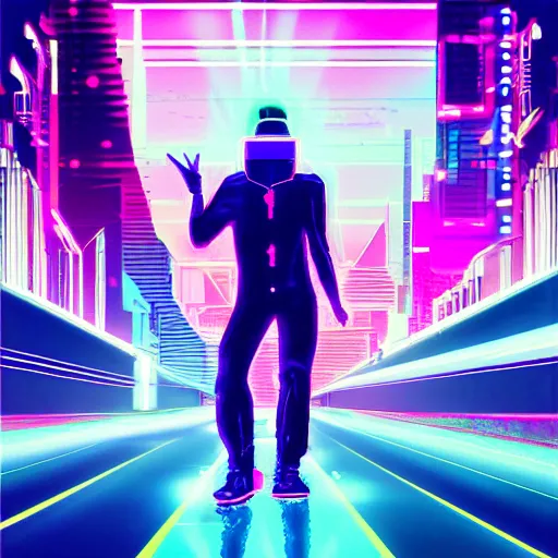 Image similar to cyberpunk hacker surfing through synthwave cyberspace