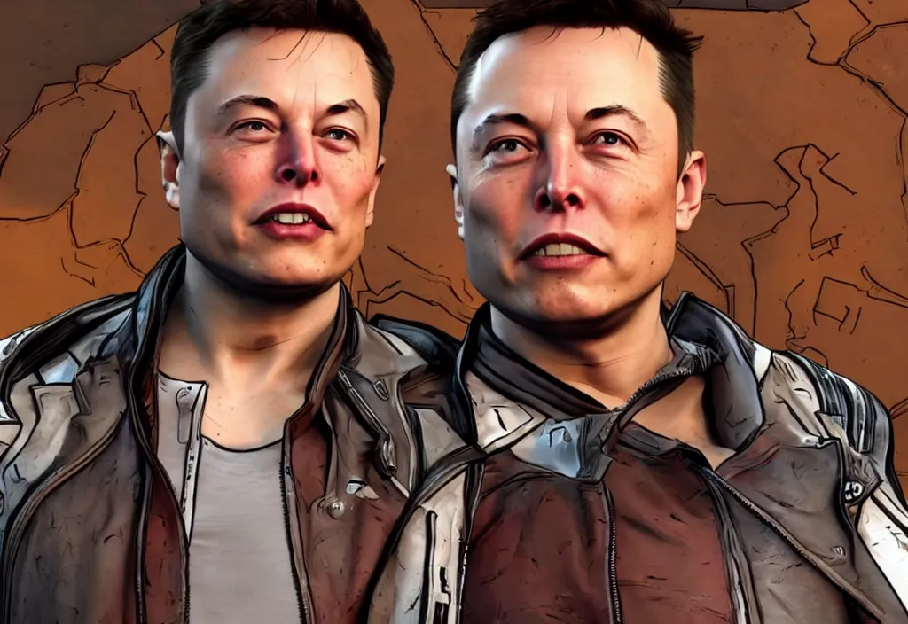 Image similar to elon musk in borderlands elon musk in the video game borderlands, gameplay screenshot, close up, 3 d rendering. unreal engine. amazing likeness. very detailed.