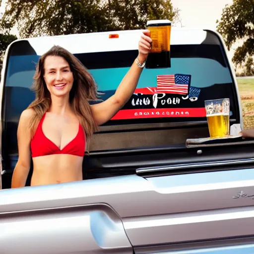 Prompt: photo of woman in the back of a pickup truck wearing bikinis drinking beer waving the american flag. closeup shot.