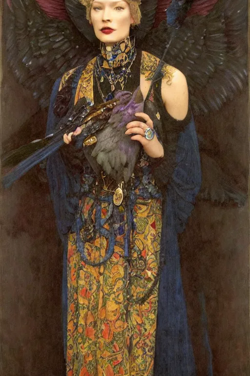 Image similar to an anthropomorphic raven dressed as a renaissance lord , by Annie Swynnerton and Nicholas Roerich and John Bauer and jean delville and John William Godward and Donato Giancola and Vermeer, satin brocade and embroidered velvet, iridescent beetles, rich color, dramatic cinematic lighting, featured on Artstation, extremely detailed