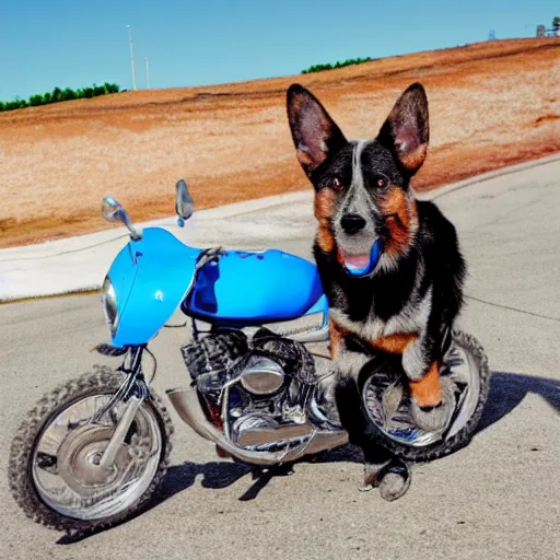 Image similar to blue heeler dog on a motorcycle, 8 k photography, blurred background of a wafflehouse