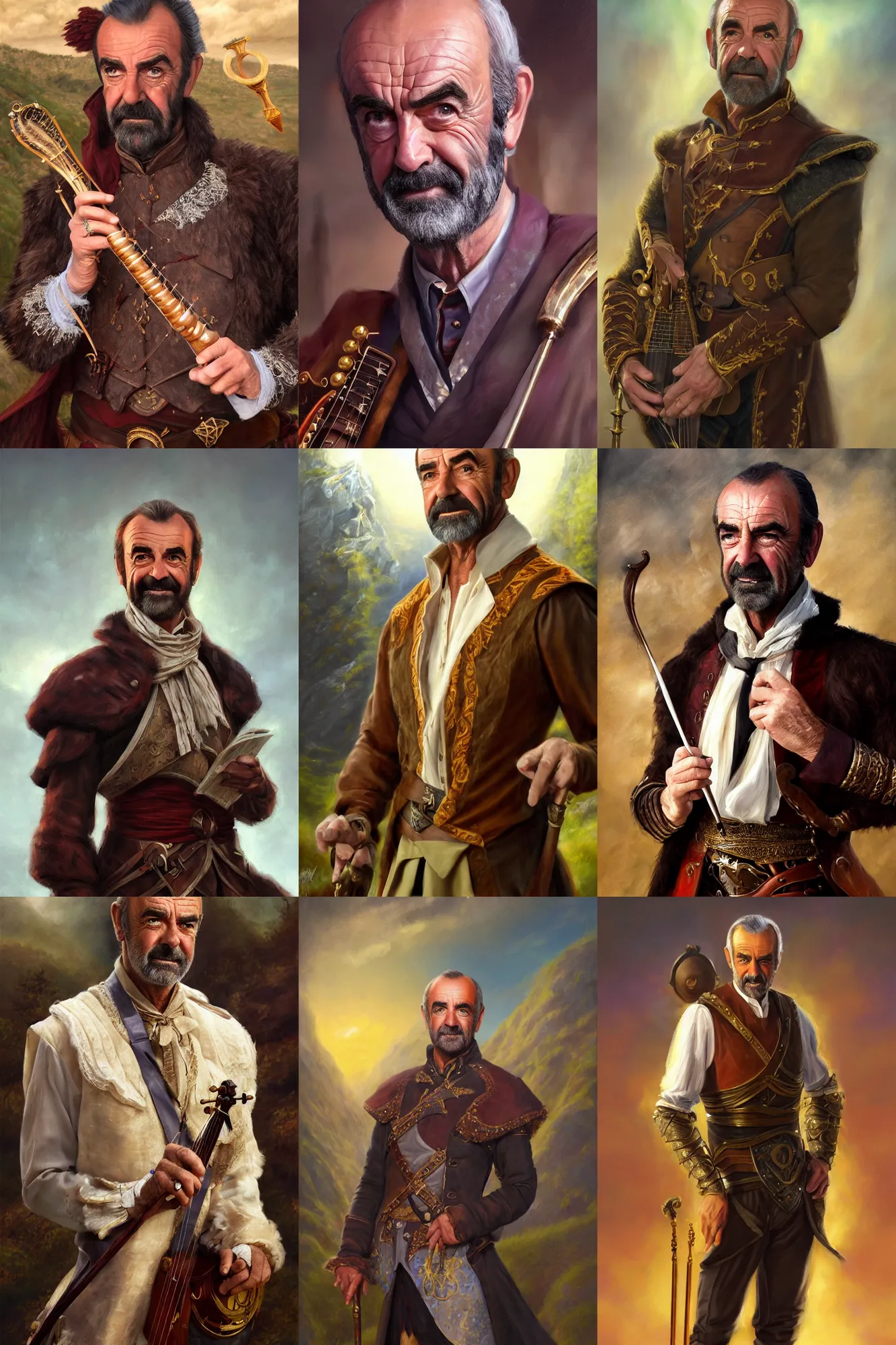 Prompt: a full body high detail fantasy portrait oil painting illustration of sean connery as elegant male bard by justin sweet with face and body clearly visible, in a scenic background, pupils visible, realistic proportions, d & d, rpg, forgotten realms, artstation trending, high quality, sombre mood, artstation trending, muted colours, entire person visible!