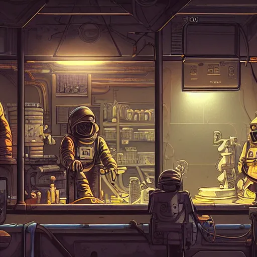 Image similar to space merchant in their shop, Industrial Scifi, detailed illustration, Chiaroscuro, character design, by Martin Grip and Moebius