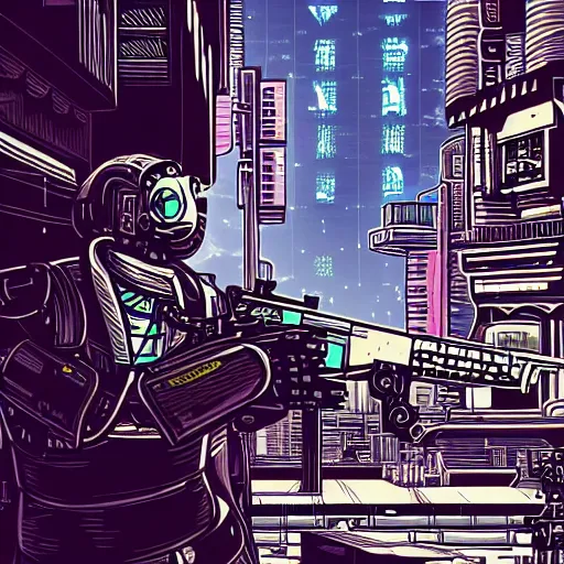 Image similar to detailed, intricate illustration of robot jesus shooting a gun in a cyberpunk city