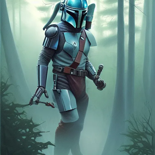 Prompt: the mandolorian walking in a dense forest with a foggy overcast by charles vess and james jean and erik jones and rhads, inspired by star wars, intricate high details, sharp, ultradetailed, unreal 5, hyper realistic