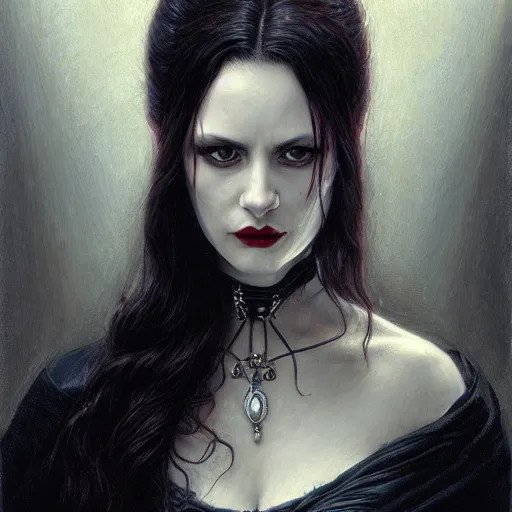 Image similar to portrait of a lady vampire, 35mm, victorian, depth of field, ominous, sharp, highly detailed, photorealistic, realistic, unreal 5, high definition, 8k, deviantart, donato giancola, irwin penn