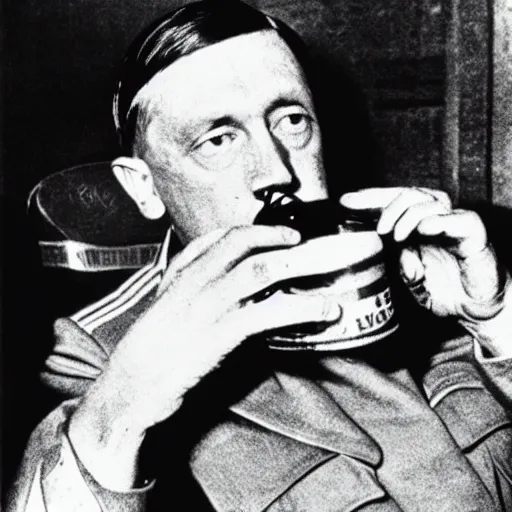 Image similar to Adolf Hitler as a prisoner, drinking a beer