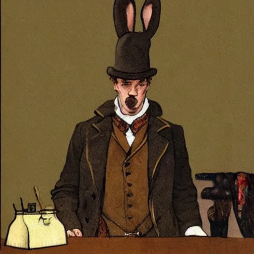 Prompt: a rabbit dressed as sherlock holmes, in the style of Carl Larsson