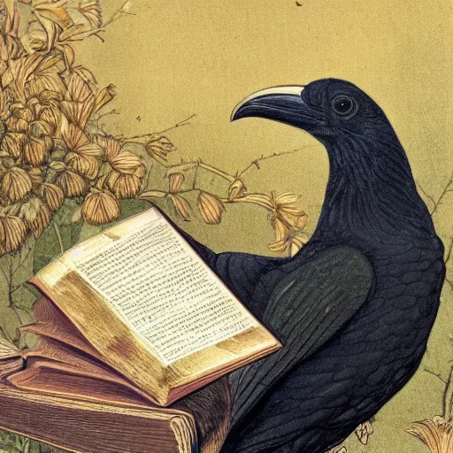 Prompt: beautifully detailed animal portrait of a detailed raven looking at a book laid out on a golden silk cloth, in a serene beautiful stone arched garden at beautiful sunrise by john james audubon and sidney cooper and frederic leighton and rosetti and william morris, 4 k, artstation