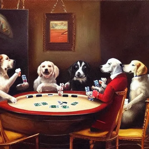 Image similar to 4 dogs playing poker oil painting high detail,