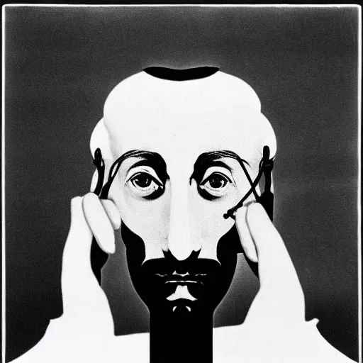 Image similar to a minimalist portrait of Marcel Duchamp holding computer cables in the style of Marcel Duchamp, Da Vinci, Irving Penn, Hito Steyerl, wide angle, monochrome, futuristic