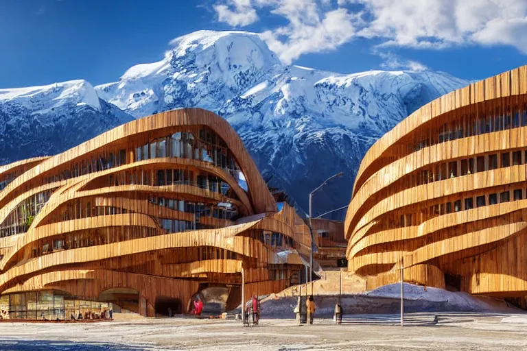 Image similar to architecture photo modern fachwerk wooden giant opera building settlement with Elbrus mountain on the background, architecture, photorealism 8k , shining and happy atmosphere, uplight, high details