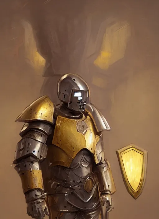 Image similar to portrait of a warforged character in yellow armor holding a paladin engraved longsword and carrying a big shield, epic concept art, trending on ArtStation, cinematic lighting, by Greg Rutkowski and Jesper Ejsing