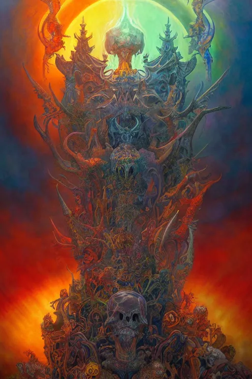 Image similar to gigantic psychedelic demonic cosmic skull of death and hell fire, fantasy painting, ultra realistic, wide angle, art nouveau, intricate details, rainbowshift, vivid colors, highly detailed by peter mohrbacher, h. r. giger, maxfield parrish, gustave dore, craig mullins, octane render, cgi