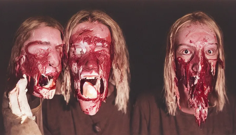 Image similar to esoteric tribes members with taxidermic flesh bloody mask, cinestill 800t 35mm, heavy grain, high quality,