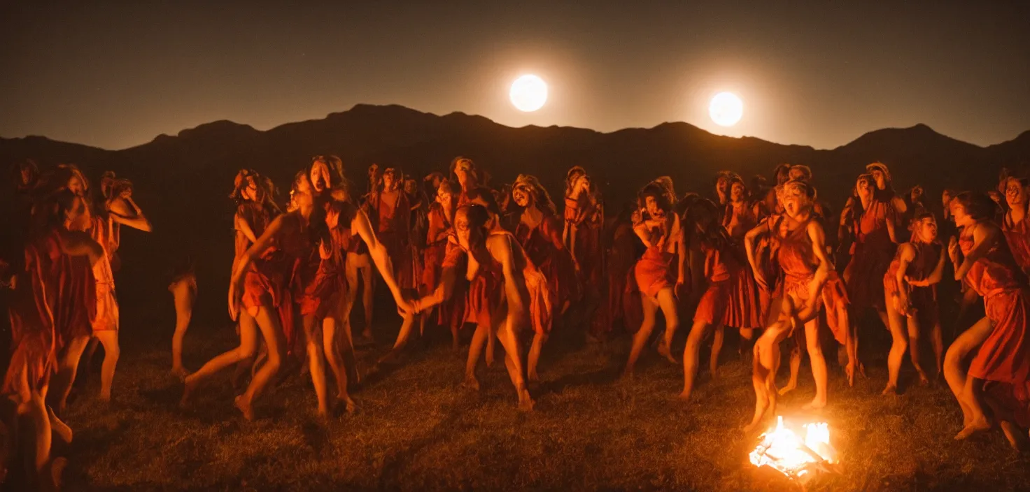 Image similar to a very high resolution historical image. a giant full moon in the mountains while young women dance in ecstasy in the firelight as the satanic ritual begins, 2 4 mm, photorealistic, photography, night directed by wes anderson
