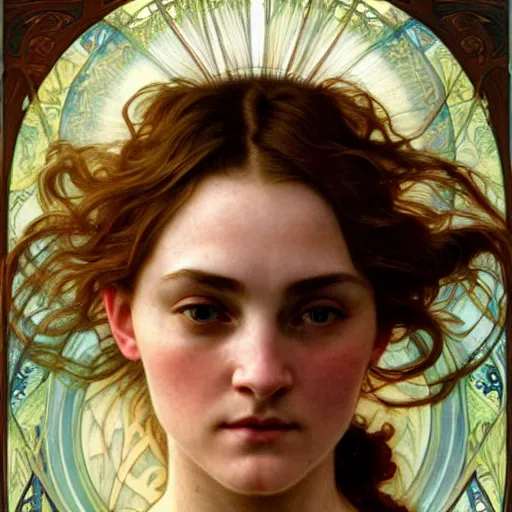 Image similar to detailed portrait art nouveau painting of the goddess of the wind, backlit, who resembles Saoirse Ronan, Kate Moss, and Emma Watson with anxious, piercing eyes, elegant highly detailed digital painting artstation smooth sharp focus illustration, by Alphonse Mucha, Michael Whelan, William Adolphe Bouguereau, John Williams Waterhouse, and Donato Giancola