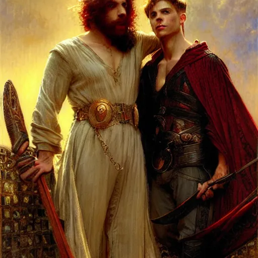 Image similar to attractive arthur pendragon with attractive male merlin the mage. they are in love. highly detailed painting by gaston bussiere, craig mullins, j. c. leyendecker