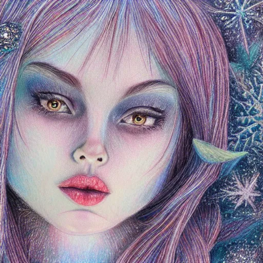 Image similar to Colored pencil art on paper, Frost Fairy, highly detailed, artstation, Caran d'Ache Luminance