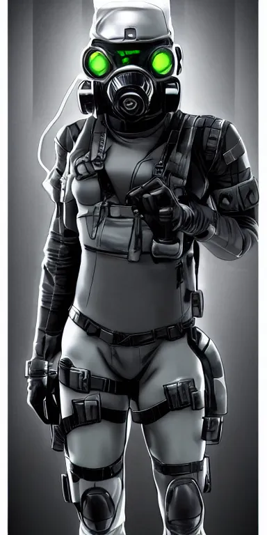 Image similar to full body cinematic shot of a time traveling intelligence agent in a black and greyscale sealed continuity suit, simple and functional with gaiter-style gas mask, resembling splinter cell + metal gear solid by artgerm and wlop