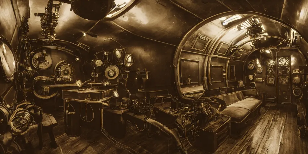 Prompt: photograph of a dieselpunk submarine interior set design, the submarine is pre - ww 1, color photography, brass wheels, pipes, tubes, gauges, cinematic lighting, haze, arri alexa, anamorphic bokeh, 4 k, graded with davinci resolve