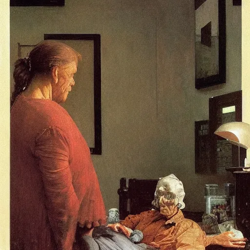 Prompt: elderly cyborg weeping desperate grandma trying to figure out how to order an online pizza sitting in her small room glaring at her lenovo thinkpad laptop t 4 1 0 8 gb ram norman rockwell leonardo da vinci giotto jamie wyeth greg rutkowski winslow homer thomas eakins lucian freud edward hopper j. m. w. turner oil painting anachronistic realism