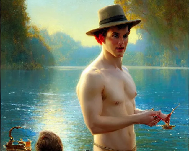 Image similar to attractive magician man, casting water magic, making waves rise from a beautiful lake. highly detailed painting by gaston bussiere, craig mullins, j. c. leyendecker 8 k