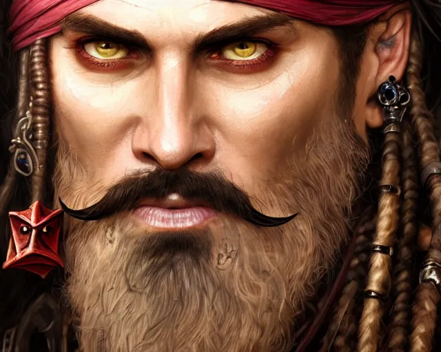 Image similar to close up of a pirate face, beard, smirk, black hair, face tattoo, deep focus, d & d, fantasy, intricate, elegant, highly detailed, digital painting, artstation, concept art, matte, sharp focus, illustration, hearthstone, art by artgerm and greg rutkowski and alphonse mucha