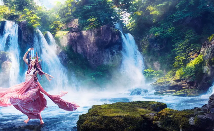 Prompt: Himalayan priestess dancing on water, beautiful flowing fabric, waterfalls, sunset, dramatic angle, 8k hdr pixiv dslr photo by Makoto Shinkai rossdraws and Wojtek Fus