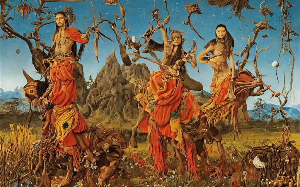 Prompt: a portrait photograph of a meditating shaman and a centaur monk riding a vulture and hunting at a river delta. surrounded by bulbous flowers and trees. mountain range under a blue sky of fiery stars. by jan van eyck, max ernst, ernst haeckel, ernst fuchs and artgerm, cgsociety, fashion editorial, 8 k