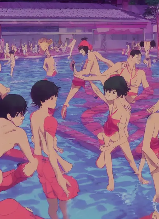 Image similar to pool party late at night with funky music people dancing in anime akira style, 8 k, hd