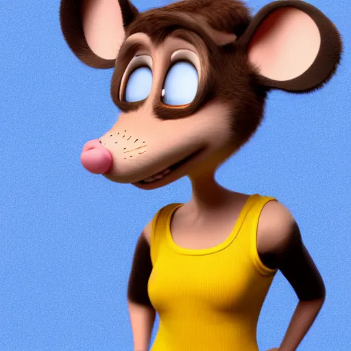 Image similar to 3 d render, portrait, headshot, closeup, anthropomorphic mouse, female, wearing denim short shorts and a off yellow tank top shirt, in the style of flushed away