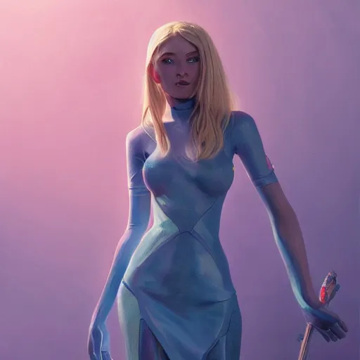 Image similar to a painting of an female elf wearing a skintight dress with blonde hair and blue eyes, an ultrafine hyperdetailed illustration by tooth wu and wlop and beeple and greg rutkowski, trending on artstation, highly detailed, 4 k, 8 k