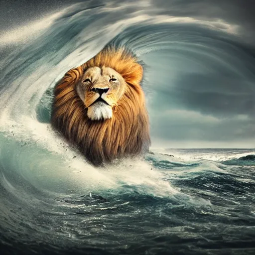Prompt: a male lion's face breaching through a wave, stormy weather, ocean sprites, closeup of face, trending on artstation, dark lighting, face encircled by ocean wave