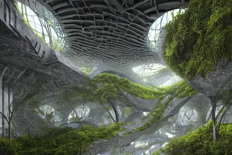 Image similar to futuristic foliage overgrowing detailed favela bunker hive, art nouveau environment, industrial plant, award winning art, epic dreamlike fantasy landscape, ultra realistic,