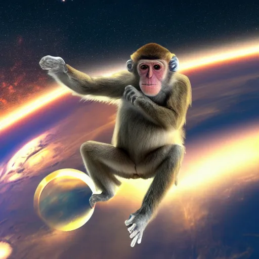 Prompt: monkey wearing a space suite in space, 4k wallpaper, high quality photo