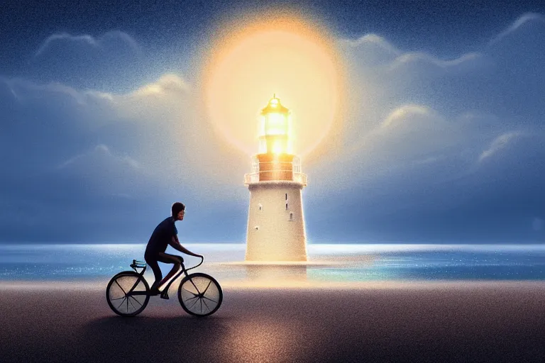 Image similar to photo of man riding a bicycle along the beach that is lit by glowing organisms underwater toward a lighthouse in the distance, silhouette wide horizon, large white clouds, intricate, elegant, highly detailed, digital painting, artstation, concept art, smooth, sharp focus, illustration, art by artgerm and greg rutkowski and fra angelico