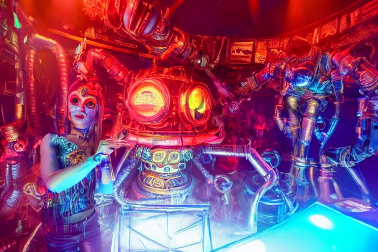 Image similar to scene is la troya party in amnesia in ibiza, portrait photo of a giant huge golden and blue metal steampunk robot, with futuristic gears and tubes, eyes are glowing red lightbulbs, shiny crisp finish, 3 d render, 8 k, insaneley detailed, fluorescent colors, haluzinogetic, background is multicolored lasershow