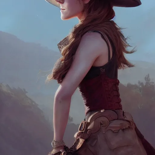 Prompt: sensual emma watson wearing a cowboy hat and a dress, looking seductive, wild west setting, hyperrealistic, artgerm, greg rutkowski, artstation, highly detailed