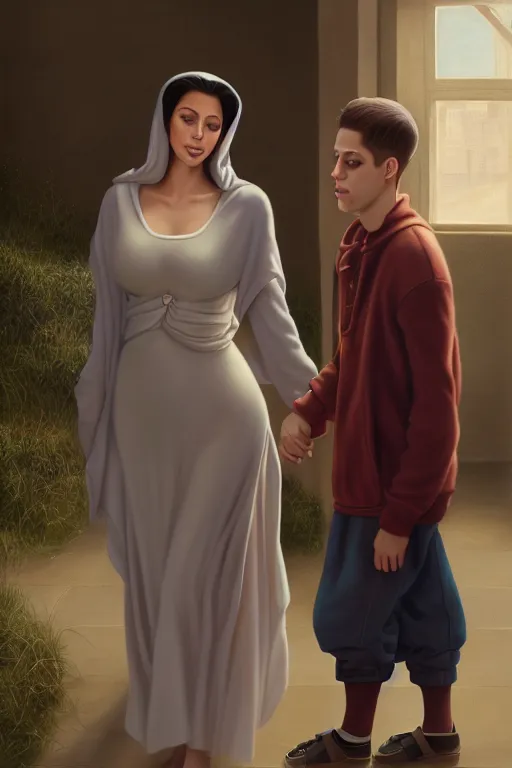 Image similar to Pete Davidson As A Short Midget Being Walked By Old Granny Kim Kardashian, illustration, soft lighting, soft details, painting oil on canvas by Edmund Blair Leighton and Charlie Bowater octane render, HDR, trending on artstation, 4k, 8k, HD