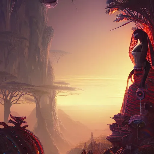 Image similar to highly detailed portrait of an african neon egyptian goddess, intricate alien technology, stephen bliss, unreal engine, fantasy art by greg rutkowski, loish, rhads, ferdinand knab, makoto shinkai and lois van baarle, ilya kuvshinov, rossdraws, tom bagshaw, global illumination, radiant light, detailed and intricate environment