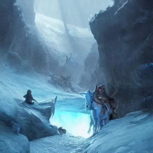 Prompt: riding the warcat into the deep ice cave. melancholy undertones, high fantasy art official contest submission greg rutkowski emissive lighting 3 8 4 0