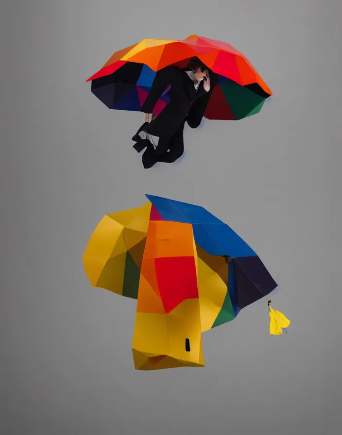 Prompt: close - up portrait of an empty slick fashionable zara raincoat floating suspended mid - air on a rainy display designed by james terrell, wes anderson, okuda, symmetry, rule of thirds