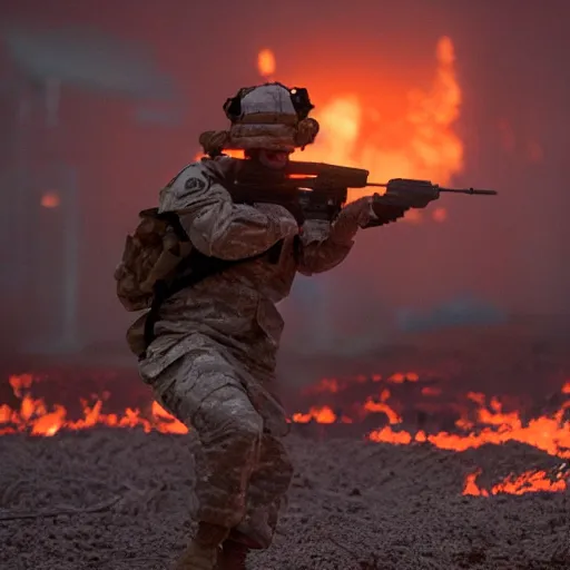 Image similar to a soldier with a glowing orange visor, a half-turn looks into the camera, bodies of the dead are scattered around, an orange fire in the background, 4k, details, dramatic pose