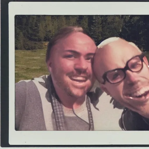 Image similar to polaroid of Homelander and Billy Butcher on holday having a great time together
