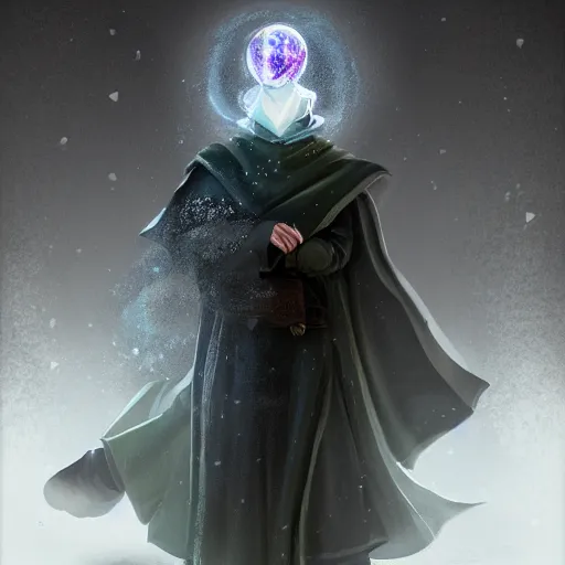 Image similar to A portrait of a young wizard in a dark cloak, he carries a snowglobe with humans trapped inside, emanating dimensional magic, artstation