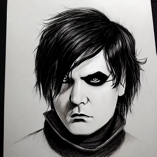 Image similar to A traditional drawing of Gerard Way in a style of emo/scene drawing, late 2000’s, low quality, trending on Deviantart